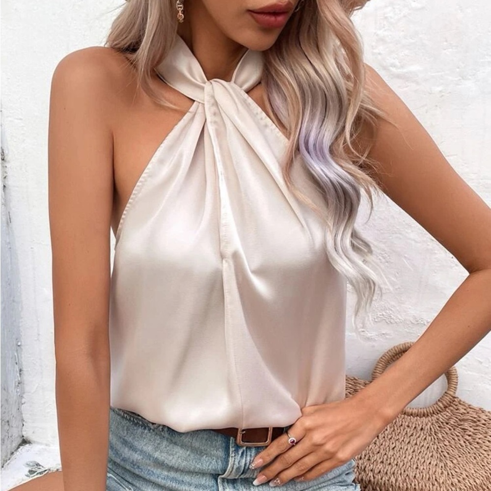 Cream Solid Halter Top Satin Feel Minimalist S M … - image 6